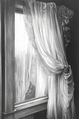 Sticker - Lace curtains, roses, window, light, grayscale drawing.