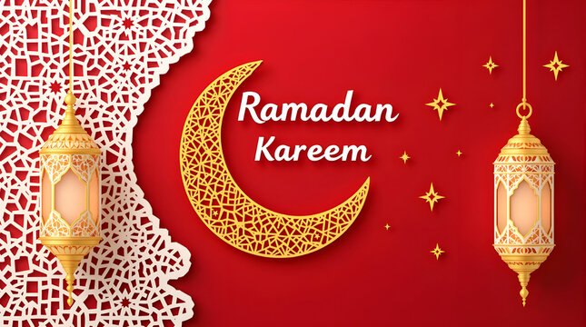Ramadan kareem red background  Flat design gold lantern,  golden moon.