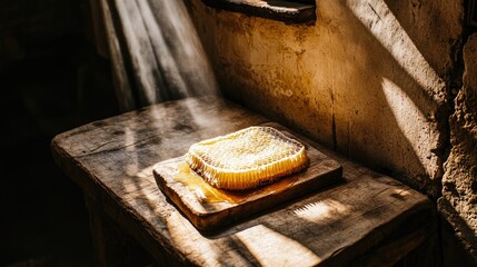 Poster - Golden Honeycomb Rests on Rustic Wooden Board
