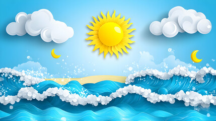 Ocean Waves Illustration, Sun and Moon