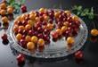 © AiGallery - An exquisite arrangement of cherries and apricots is carefully arranged on a crystal glass plate with its reflection in the polished chrome frame surrounding it , reflective surface, cherries