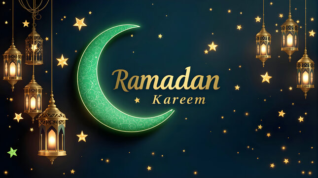 Ramadan kareem background  Flat design gold lantern, green moon.