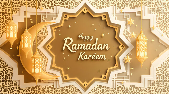 Ramadan kareem background  Flat design gold lantern, moon.