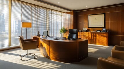 Aufkleber - Modern Executive Office with City View and Wooden Desk