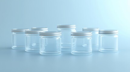Poster - Nine Glass Jars with Silver Lids on Blue Background