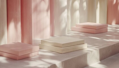 Poster - Pastel Wooden Platforms Sunlight Shadows Minimalist