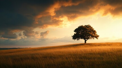 Poster - Lone tree silhouetted against a dramatic sunset sky in a tranquil golden field of grass