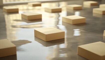 Poster - Reflective Surface with Stacked Beige Cubes