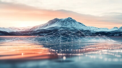 Poster - Network Connections Over a Snowy Mountain Lake at Sunset