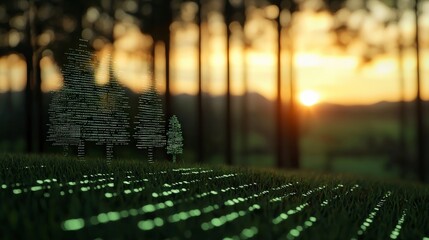 Poster - Digital Art Representation of Trees with Binary Code Against a Sunset in a Forest Landscape