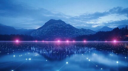 Poster - Networked Mountain Lake at Twilight Reflecting Digital Connections