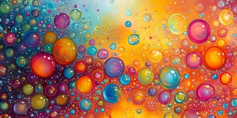 Poster - Vibrant abstract pattern featuring colored oil bubbles in water creates a mesmerizing visual. The oil drops in this water form a captivating psychedelic pattern, enhancing the beauty of abstract art.