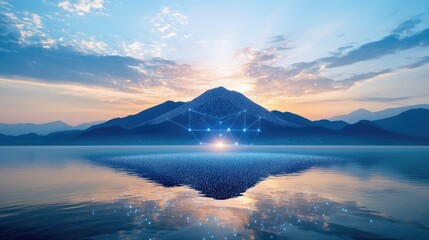 Poster - Serene Mountain Lake Sunset With Network Overlay