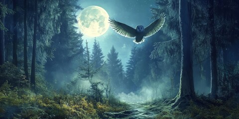 Aufkleber - Enchanting moonlight illuminates a mystical spruce forest, where an owl soars gracefully, creating a magical atmosphere reminiscent of a fairy tale in the enchanted woods.