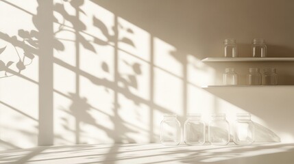 Poster - Sunlit Jars and Shadowy Plant Silhouette on Shelf