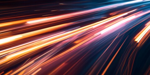 Fototapete - Abstract background showcasing light lines with long exposure, creating a sense of speed motion in a dark night setting. The interplay of light lines and speed motion enhances the dynamic visual