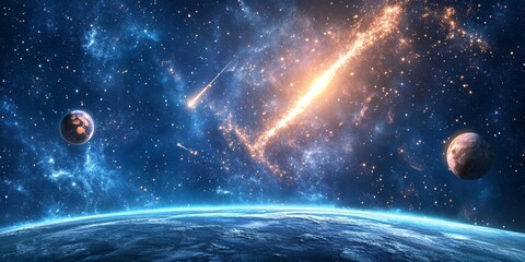 Aufkleber - Stars of a planet and galaxy shine brightly in the vastness of free space, with meteor and meteorite elements scattered against a captivating dark blue background.