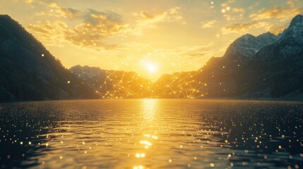 Poster - Golden Sunset Network Over Calm Mountain Lake