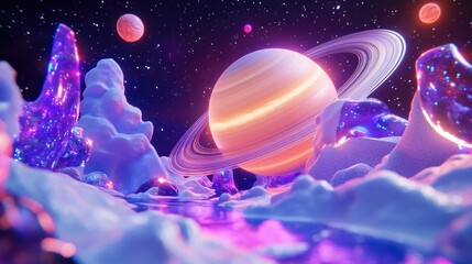 Poster - Cosmic Ringscape An Alien Planet With Icy Mountains
