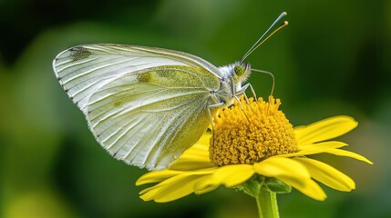 Wall Mural - A Detailed Close-Up of a Pale Butterfly Delicately Perched on a Vibrant Yellow Flower, Nature's Beauty