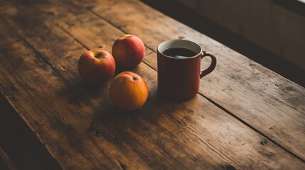 Poster - Three Peaches and a Mug of Coffee on Wood