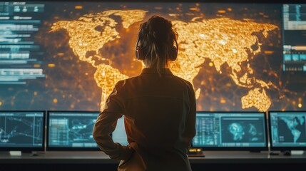 Poster - Woman Observing Global Data On Multiple Monitors
