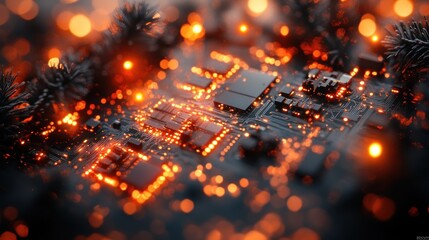 Poster - Illuminated Circuit Board Glowing Brightly in Darkness