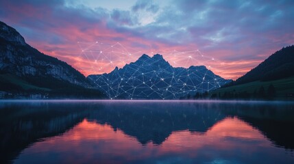 Poster - Mountain Lake Sunset With Network Connections Overlay