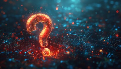 Poster - Concept of thinking with glowing question mark, abstract technology background, 2D illustration, futuristic innovation, digital thought process