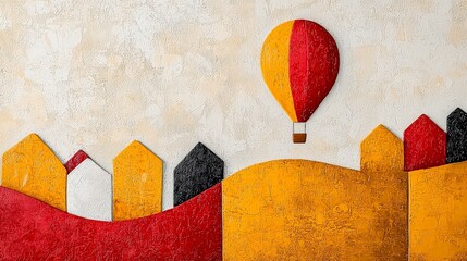 Poster - Colorful abstract landscape with hot air balloon and stylized houses in vibrant geometric shapes and textures