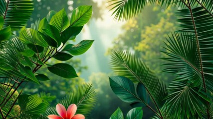 Poster - A tropical forest with a bunch of green leaves and a few red flowers. The flowers are in the foreground and the leaves are in the background