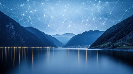 Poster - Serene Mountain Lake Under a Networked Night Sky