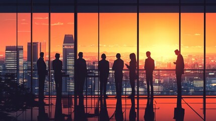 Poster - Silhouetted Businesspeople Watching City Sunset