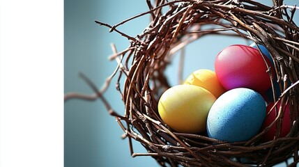 Vibrant Easter eggs in a natural twig nest, set against a soft blue background, symbolizing celebration and renewal