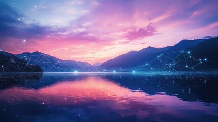 Poster - Serene Sunset Landscape with Network Connections Over Water