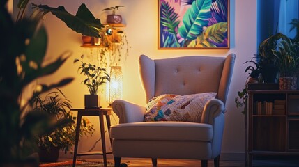 Poster - Cozy Living Room Armchair With Plants And Artwork