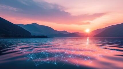 Poster - Serene Sunset Over Mountains With Network Connections
