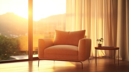 Poster - Modern armchair near window enjoying sunset view