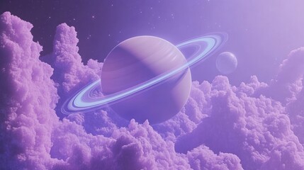Poster - Ringed Planet Amidst Purple Cosmic Clouds and Stars