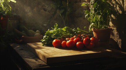 Poster - Sunlit Tomatoes and Greens on Rustic Wooden Board