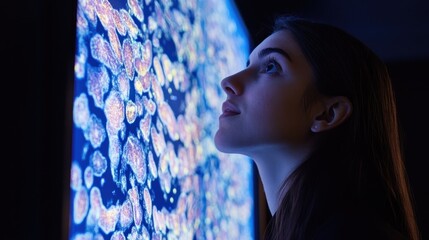 Poster - Young Woman Gazing at Microscopic Cellular Image