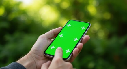Hands holding a smartphone with a green screen against a blurred natural green background. Perfect for showcasing mobile apps or websites in an outdoor setting