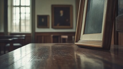 Poster - Antique Painting Rests On Polished Wooden Tabletop