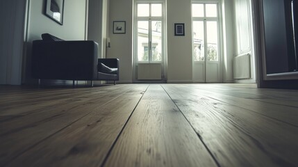 Poster - Bright Room With Dark Couch And Wooden Floor
