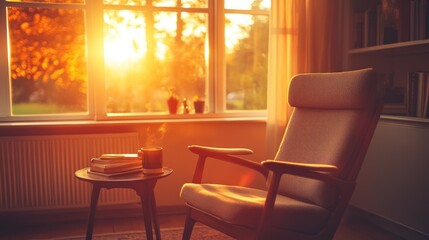 Poster - Golden Hour Relaxation Cozy Chair Coffee Books