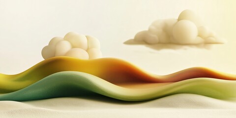 Poster - Abstract Landscape with Flowing Waves and Soft Clouds in Warm Tones and Gentle Curves