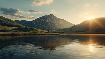 Poster - Serene Sunset Over Mountain Lake With Network Overlay