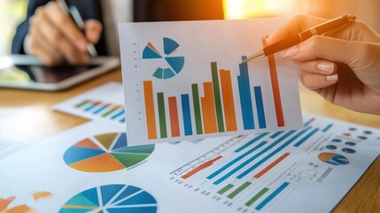 Poster - Businesswoman reviewing financial charts and graphs data