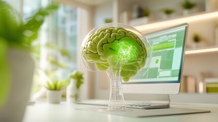 Poster - Innovative Concept of Artificial Intelligence with Green Brain Overlay and Modern Desktop Setting