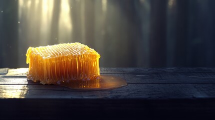 Poster - Honeycomb piece rests on wooden surface in sunlight